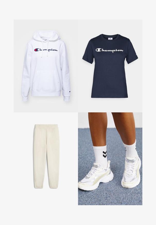 Champion ICONS CONTRAST LARGE LOGO - Felpa - white; Maglietta in cotone blu navy con maniche corte, con un grande logo bianco "Champion" sul petto e un piccolo logo sulla manica.; Pantaloni della tuta beige chiaro realizzati in morbido tessuto, con una vita elasticizzata, polsini alle caviglie e un piccolo logo bianco sul lato.; Sneaker bianche con dettagli argento, materiale in rete e design chunky. Abbinate a calzini bianchi con motivi a chevron neri.