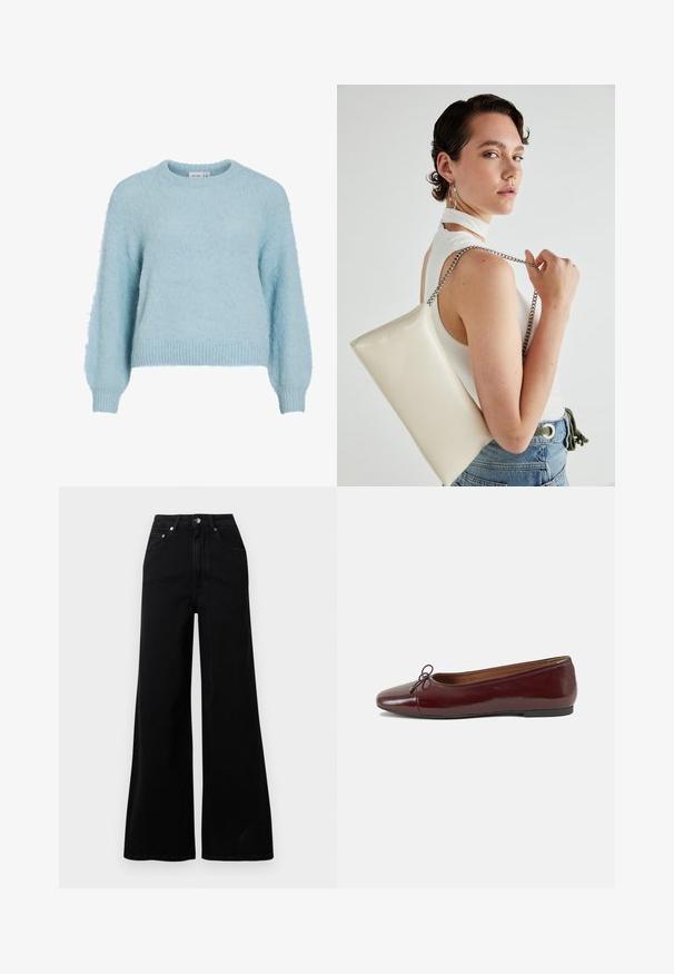 Světlomodrý svetr z měkké, chlupaté látky. Má kulatý výstřih, dlouhé rukávy a žebrovaný lem a manžety.; Černé kalhoty s širokými nohavicemi z denimu, s vysokým pasem, pěti kapsami, zapínáním na přední knoflíky a minimálními šicimi detaily.; Burgundské lakové baleríny s kulatou špičkou, malou mašlí vpředu a nízkou černou gumovou podrážkou. Hladký povrch.; Bílá obdélníková psaníčko vyrobené z lesklého materiálu, se stříbrným řetízkovým popruhem. Modelka pózuje a předvádí tašku na jednobarevném pozadí.