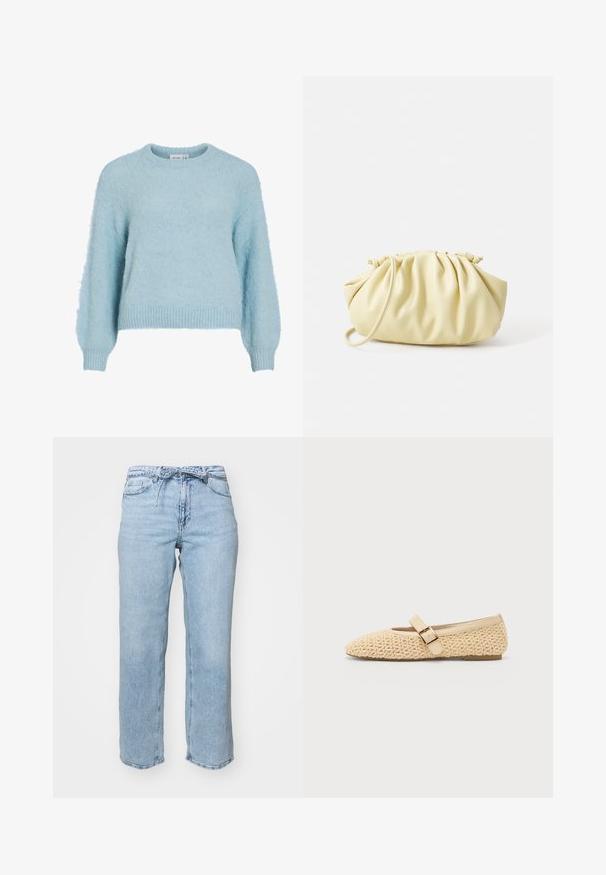 Camisola azul clara feita de tecido macio e felpudo. Apresenta gola redonda, mangas compridas e bainha e punhos canelados.; Calças de ganga azul-claro com um corte relaxado de perna reta, cinco bolsos e uma cintura com passagens para cinto. Acabamento desgastado com desbotamento sutil.; Bailarinas tecidas em bege com bico fino, apresentando uma tira decorativa com fivela e um perfil baixo. Textura suave com um design simples.; Bolsa plissada amarela feita de couro sintético suave, com uma forma suave, uma única alça de ombro e design de topo franzido.