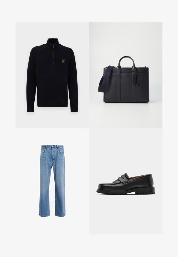 Melnā ribota džemperis ar ceturtdaļas zīmogojamu augsto apkakli un mazu brūnu logo uzlīmi kreisajā krūtī.; Gai zilas džinsu bikses ar taisnām kājām, piecām kabatām, pogu aizvēršanu, minimālu izbalēšanu un kontrastējošiem šuvju elementiem.; Melni ādas loafers cepumi izceļas ar paceltu šuvu, divām dekoratīvām siksnām augšpusē un biezu teksturētu zoli labākai saķerei.; Tumši jūras zila ādas portfelis ar divām augšējām rokturiem un noņemamu siksnu. Ar teksturētu apdari, vertikālām šuvēm un logo detaļu.