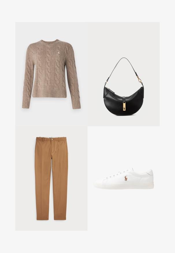 Polo Ralph Lauren CLASSIC LONG SLEEVE - Svetr - mushroom; Hnědé bavlněné kalhoty s úzkým střihem, plochým předním dílem a standardními kapsami; hladký povrch a lemované manžety.; Bílé kožené tenisky, nízký střih, s hladkým povrchem, kulatou špičkou, šněrováním v přední části a malým vyšitým logem na boku.; Černá kožená kabelka ve tvaru půlměsíce. Obsahuje zlaté kovové detaily a úzký popruh. Hladký povrch, zapínání na zip na vrchu.