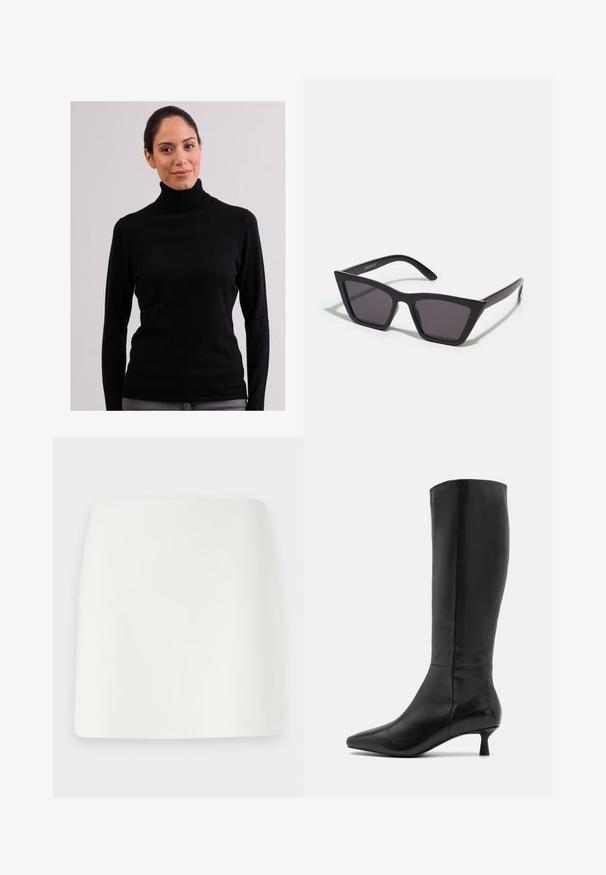 CASH-MERE CASH-MERE ROLLKRAGEN PULLOVER - Neule - schwarz; Valkoinen, muotoiltu minihame, jossa on sileä tekstuuri ja puhtaat linjat. Ei näkyviä kuvioita tai hardware-osia. Suora helma alaosassa.; Zign Saappaat - black; Mustat, kulmikkaat aurinkolasit harmailla linsseillä; valmistettu muovista, paksuilla varsilla, joissa on sileä pinta ja ilman näkyvää metalliosaa.