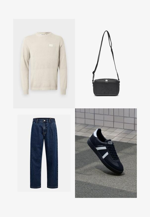 Maglione in maglia beige chiaro con motivi texture, maniche lunghe e collo rotondo. Presenta una piccola etichetta sul petto.; Jeans in denim blu scuro con design a gamba dritta. Presentano cuciture visibili, una chiusura con bottone e pieghe frontali per un tocco di dettaglio in più.; Sneaker neri in pelle con strisce bianche, suola in gomma texturizzata e allacciatura frontale. Presenta un'etichetta con il marchio sulla linguetta.; Borsa a tracolla nera in pelle con chiusura zip, logo impresso sul davanti e tracolla regolabile. Texture liscia con forma rettangolare.