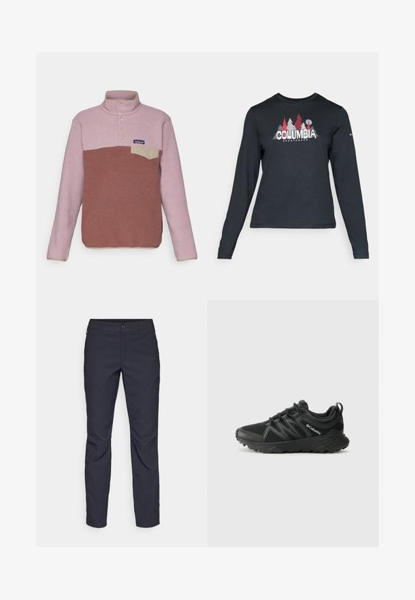 Patagonia SNAP - Fleecepullover - dulse mauve; Dunkelgraues Langarmshirt mit einem Grafikdesign von roten Bäumen und Bergen; das "COLUMBIA"-Logo in fett weißer Schrift. Weicher Stoff, klassischer Rundhalsausschnitt.; Marineblaue Hose aus glattem Stoff mit einem vorderen Knopfverschluss, schlankem Schnitt und gefalteten Details an den Knien.; Columbia PEAKFREAK - Hikingschuh - black