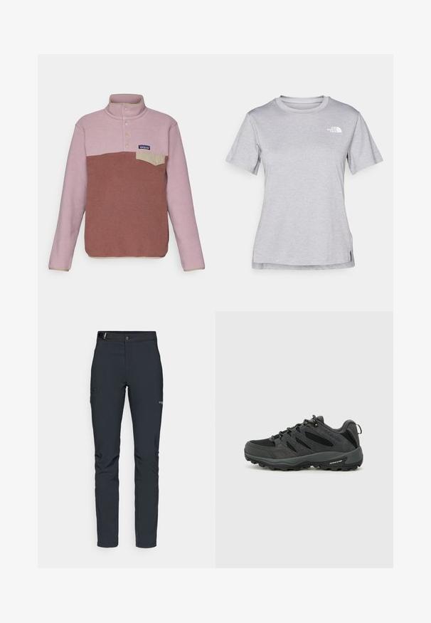 Patagonia SNAP - Fliisdžemper - dulse mauve; Hall juppuvarrega, pehmeast, niiskust eemaletõukavast kangast lühikeste varrukatega hall T-särk. Omab ümarat kaelust ning väikest valget logo vasakul ülal.; Meeste välkpüksid, tumehallid, valmistatud paindlikest materjalidest, vöökohaga, tõmblukuga taskud ja tugevdatud õmblused.; Columbia REDMOND - Matkajalatsid - black/citron haze