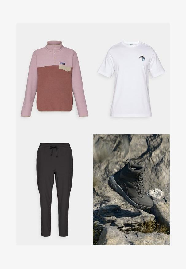 Patagonia SNAP - Fleecepullover - dulse mauve; The North Face EXPLORE CARABINER RELAXED TEE UNISEX - T-Shirt print - white; Schwarze Jogginghose mit elastischem Bund, Kordelzug und Seitentaschen. Hergestellt aus einem glatten, leichten Stoff.; Dunkelgrauer Wanderschuh aus synthetischem Material, mit gepolstertem Kragen, Metallösen und strukturierten Gummisohlen für besseren Halt.