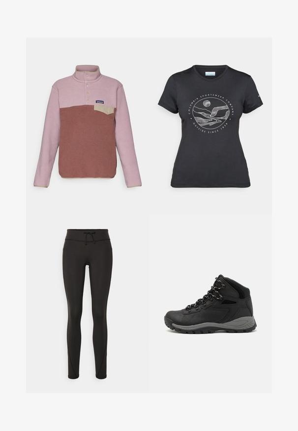 Patagonia SNAP - Fleece jumper - dulse mauve; Black Columbia t-shirt with white circular mountain and river line art and text "Columbia Sportswear Company Outside Since 1938."; Black leggings with a high waistband, drawstring, smooth texture, and fitted design. Features stitching details along the sides.; Black hiking boot with a mid-top design, featuring a textured upper, gray accents, and durable rubber sole with traction lugs.