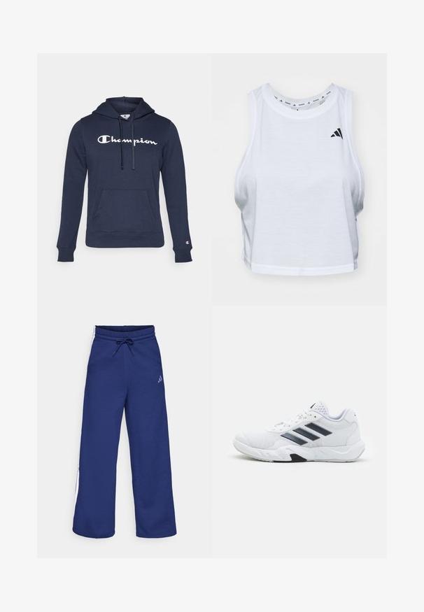 Navy niebieska bluza z kapturem wykonana z miękkiego materiału. Posiada kangurzą kieszeń, regulowany kaptur oraz wyraźne białe logo "Champion" z przodu.; Biały krótki top wykonany z lekkiego materiału z okrągłym dekoltem. Posiada czarne logo po lewej stronie i gładką fakturę.; Granatowe dresy z elastycznym pasem i białymi paskami po bokach. Wykonane z miękkiego materiału, o luźnym kroju; z logo Adidas.; Białe buty sportowe z siateczkową cholewką, trzy czarne paski po boku, teksturowane akcenty i solidna gumowa podeszwa z kontrastującą czarną sekcją.
