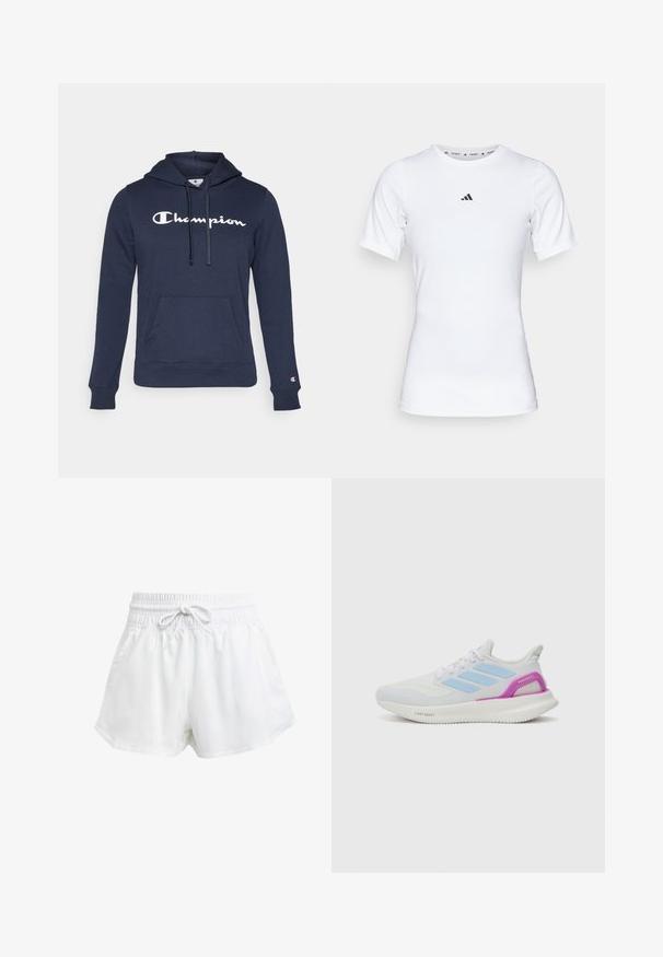 Marineblå hettegenser laget av myk stoff. Har kengurulomme, snor i hetta, og fremtredende hvit "Champion"-logo på forsiden.; Hvit idrettsskjorte med korte ermer, laget av glatt, elastisk stoff. Har en liten svart Adidas-logo på brystet.; Hvite sportsbukser med elastisk midje og justerbar snor. Laget av lett materiale, med sidelommer og løs passform.; adidas Performance PUREBOOST 5 - Løpesko for vei - white/glow blue/purple burst