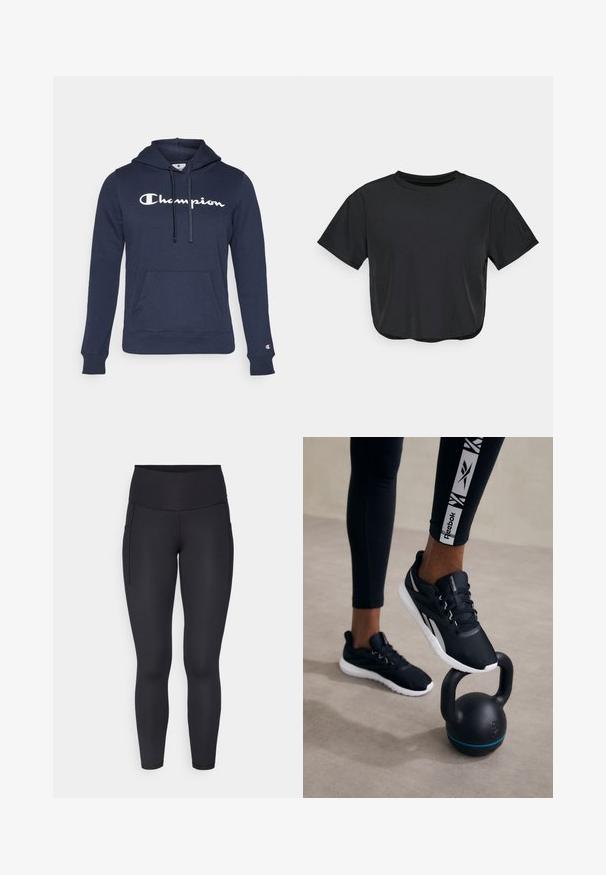 Hanorac cu glugă de culoare bleumarin, fabricat dintr-un material moale. Dispune de un buzunar tip cangur, glugă cu șnur și un logo alb „Champion” proeminent pe față.; Tricou scurt negru din material moale, cu guler rotund, mâneci scurte și o croială lejeră. Detalii de cusătură subtile.; Leggings negre dintr-un material elastic, cu talie înaltă și două buzunare laterale. Textură netedă cu un design ajustat.; Pantofi sport negri cu un superior texturat, talpă albă și accente gri, amplasați pe o greutate neagră cu o dungă albastră, pe un fundal neutru.