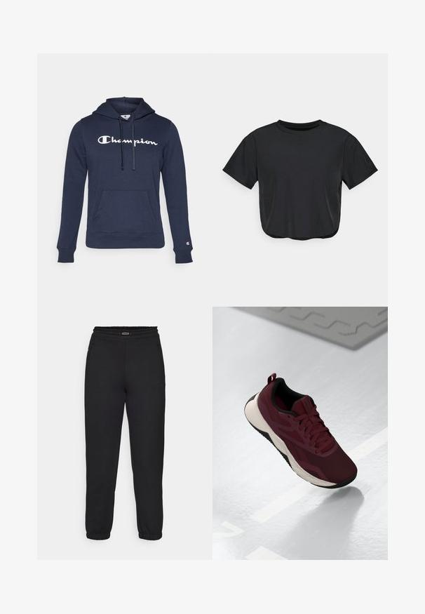 Sweatshirt com capuz azul-marinho feito de tecido macio. Apresenta um bolso canguru, capuz com cordão e um proeminente logótipo branco "Champion" à frente.; T-shirt cropped preto feito de material suave, com decote redondo, mangas curtas e um corte descontraído. Detalhes de costura subtis.; Champion C-TECH CUFFED PANTS INTERLOCK - Calças de fato de treino - black; Sapatilha desportiva bordô com parte superior em malha, detalhes em preto e sola branca acolchoada. Apresenta fecho por atacadores e alça na parte traseira.
