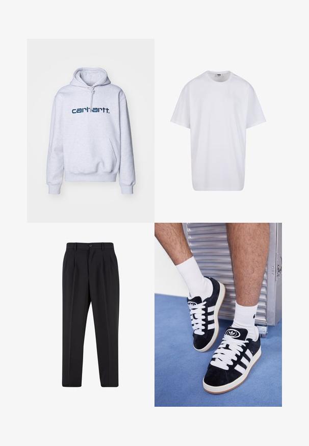 Carhartt WIP HOODED - Hanorac - ash heather/duck blue; Tricou alb din bumbac cu mâneci scurte, decolteu rotund, croială lejeră și fără logo-uri sau modele vizibile. Textură netedă și design minimalist.; Pantaloni negri cu un design față plisată, fabricați dintr-un material neted. Prezintă un închidere cu nasture și brâuri; croială dreptă.; Adidași negri din suede cu șireturi albe și trei dungi albe. Au un logo circular negru pe limbă și o talpă din cauciuc de tip gumă.