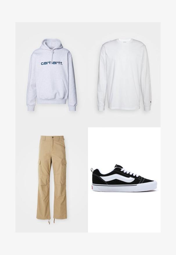 Carhartt WIP HOODED - Jersey con capucha - ash heather/duck blue; Camiseta blanca de manga larga hecha de algodón. Diseño de cuello redondo con puños acanalados y un pequeño logo en la manga izquierda. Textura suave.; Pantalones cargo caqui hechos de un tejido duradero, con múltiples bolsillos laterales, un diseño de pierna recta y cuerdas ajustables en el dobladillo.; Zapatillas de ante negro con acentos blancos, que presentan un diseño de corte bajo, cierre con cordones y una gruesa suela de goma blanca. Logo de la marca en el talón.