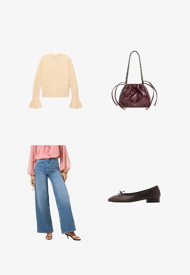 Maglione a maglia color crema con motivo a trecce, colletto rotondo e maniche a campana, adagiato su uno sfondo bianco.; Camicia a righe blu con bottoni, abbinata a jeans neri a zampa e una borsa nera. Tessuto morbido e maniche ampie, vestibilità casual.; Jeans a vita alta azzurri, larghi, con una finitura in denim classica. Abbinati a una blusa rosa con volant e sandali neri con tacco.; Ballerina in pelle marrone con punta arrotondata e tacco a blocco piccolo. Presenta un sottile fiocco sul davanti e dettagli di cucitura discreti.; Borsa in pelle bordeaux con cordino, manico a catena, cima arricciata, accenti metallici e dettaglio del logo alla base. Texture liscia e lucida.