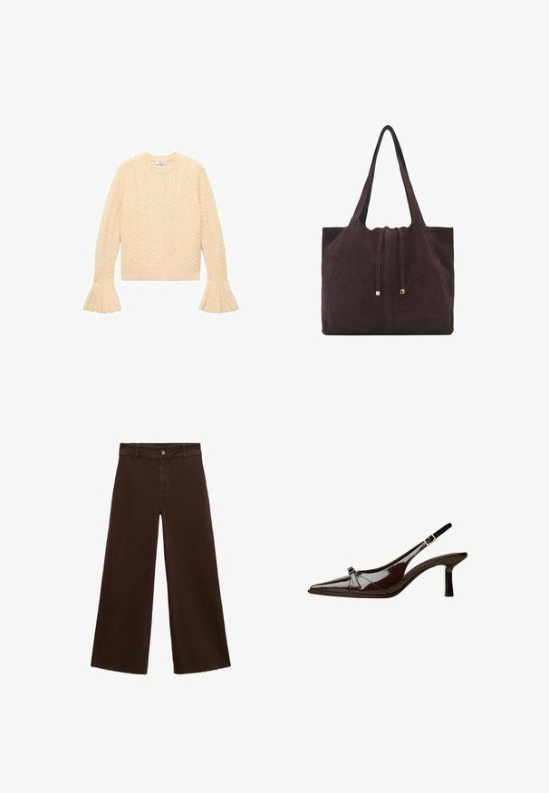 Cremefarbener Strickpullover mit Zopfmuster, Rundhalsausschnitt und ausgestellten Ärmeln, flach auf einem weißen Hintergrund ausgelegt.; Braune, weit geschnittene Hosen aus Baumwollmischung mit fransigem Saum, vorderem Knopfverschluss und klassischem Fünf-Taschen-Design. Minimalistisch und vielseitig.; Braune Lackleder-Slingback-Schuhe mit spitzem Zehenbereich, niedrigem Absatz und einer dekorativen Schleifenakzent an der Vorderseite. Glatte, glänzende Textur.; Mango Shopping Bag - dark brown