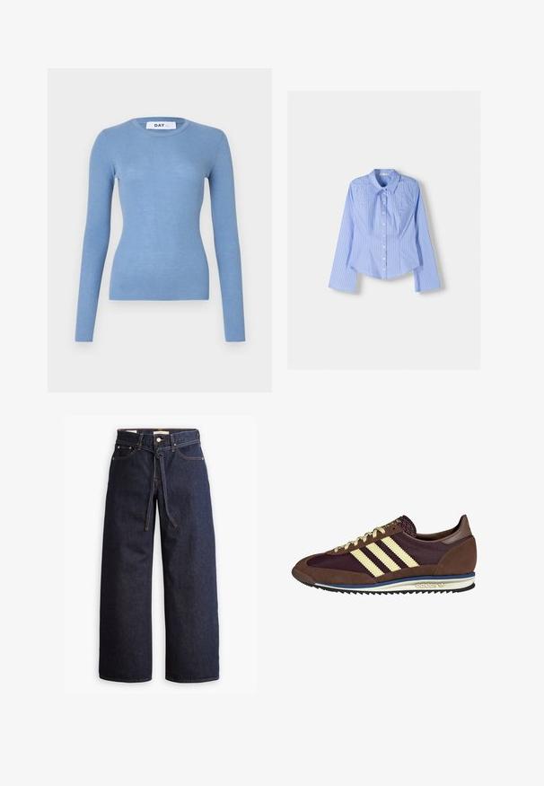 Hladký dlouhý rukáv top v světle modré barvě, s kulatým výstřihem a přiléhavým střihem. Hladká textura s jemnou pružností. Značka na krku.; Modrá a bílá pruhovaná košile s dlouhými rukávy, knoflíkovým zapínáním a rozšířeným límcem. Přizpůsobený střih a zakulacený lem. Texturovaný bavlněný materiál.; Široké tmavě modré džíny se zvýšeným pasem, opatřené stahovací šňůrou, pěti kapsami a kontrastním prošíváním.; Hnědé a burgundské tenisky z semiše a síťoviny, s třemi krémovými pruhy, texturovaným materiálem na jazyku a gumovou podrážkou.
