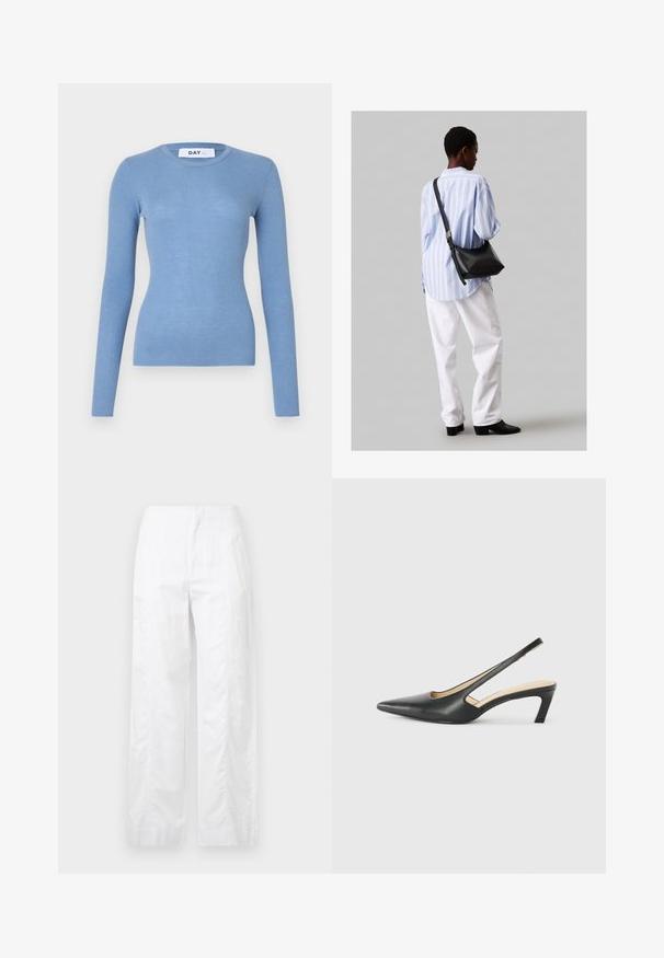 Csíkos, hosszú ujjú felső világoskék színben, kerek nyakkivágással és testhezálló sziluettel. Simára csiszolt textúra, enyhe rugalmassággal. Márkacímke a nyaknál.; Fehér, széles szárú nadrág könnyű anyagból, sima textúrával, letisztult vonalakkal és magasderék kialakítással.; Fekete, hegyes orrú, slingback cipő alacsony sarkával, sima bőrből készült, oldalt kivágott deisgnal a légáteresztőképesség érdekében.; Fekete bőr válltáska puha tapintással, háromszög alakú, állítható pánttal, világoskék csíkos inggel és fehér nadrággal párosítva.