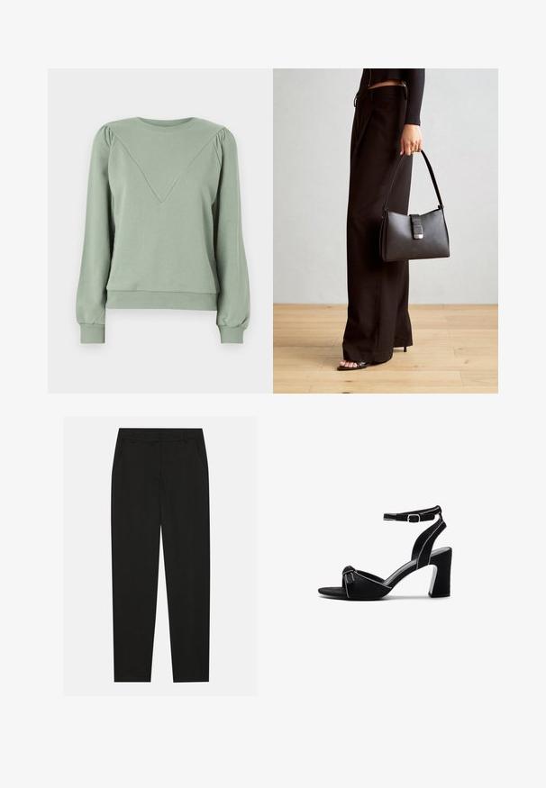 Nepodarilo sa vygenerovať alternatívny text.; Čierne nohavice s prispôsobeným dizajnom, so bočnými vreckami a rovnou nohavicou. Vyrobené z hladkej, ľahkej tkaniny s elegantným vzhľadom.; Čierne semišové sandále na podpätku s širokým blokovým podpätkom, nastaviteľným členkovým remienkom, otvorenou špičkou a kontrastným prešívaním.; Čierna kabelka so štruktúrovaným tvarom, hladkou textúrou a kovovou sponou. V kombinácii so širokými čiernymi nohavicami a sandálmi s otvorenou špičkou na drevenej podlahe.