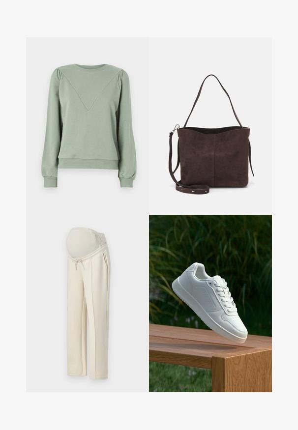 Sikertelen az alternatív szöveg generálása.; Világos bézs kismama nadrág rugalmas derékkal, zsinóros részlettel és két oldalsó zsebbel. Puha, rugalmas anyagból készült.; Fehér sportcipő sima szintetikus felsőrésszel, perforált lábujjrész, lapos fűzőkkel és texturált talppal, fából készült felületen kihelyezve.; Barna velúrbőr táska puha tapintással, egyetlen vállpánttal és finoman ívelt felső nyitással. Nincs látható fémrész.