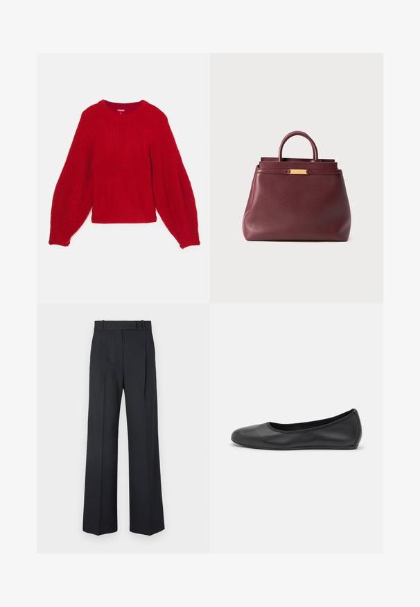 Red knitted sweater with a ribbed texture, round neckline, and voluminous balloon sleeves. Short length with a fitted ribbed hem.; White long-sleeve shirt made of smooth fabric, featuring a collared neckline and a button front with light pink buttons.; Dark blue pinstriped trousers with a high waist, wide leg design, and no visible hardware or embellishments. Smooth texture and tailored fit.; Black leather ballet flat with a rounded toe, smooth texture, minimal stitching detail, and a flexible sole design.; Burgundy leather handbag with a structured design, featuring a top handle and a gold-tone accent. Smooth texture with no visible patterns.