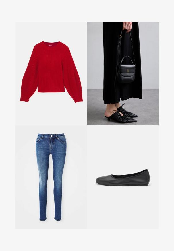 Raudonas megztas megztinis su raukšlėtu paviršiumi, apvaliu iškirpimu ir didelėmis balloon rankovėmis. Trumpas ilgis su prigludusia raukšlėta apatine dalimi.; Mėlynos džinsinės liesos kelnės su lygiu paviršiumi, vidutinio aukščio juosmeniu, penkiomis kišenėmis ir šviesiu blukimu ant šlaunų. Yra metalinė saga ir užtrauktukas.; Juodai odiniai baletai su apvaliu pirštu, lygi texture, minimalus siuvimo detales ir lanksčiu padų dizainu.; Maža juoda odinė rankinė su apvalia forma, viršutine rankena ir nuimama dirželiu. Nešiojama su juoda audinio suknele ir juodais klostuotais bateliais.