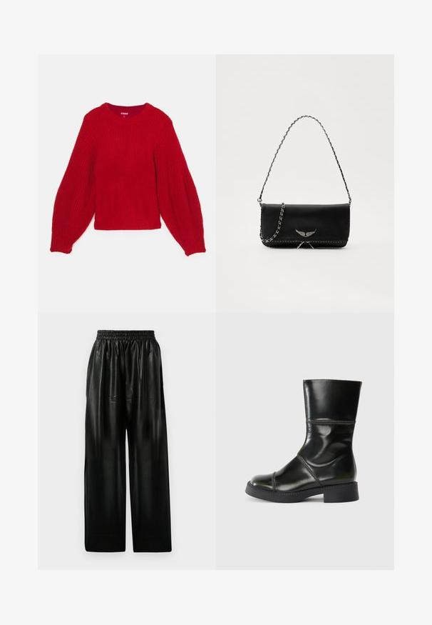 Piros kötött pulóver bordázott textúrával, kerek nyakkivágással és nagyméretű ballon ujjal. Rövid fazonú, testhez simuló bordázott szegéllyel.; Fekete bőr széles szárú nadrág, rugalmas derékkal, két oldalsó zsebbel és sima, fényes textúrával.; Fekete bőr bokacsizma lekerekített orral, sima felülettel, kontrasztos varratokkal és tömbsarkúval, enyhén szűkülő sziluettel.; Fekete bőrtáska ezüstlánc pánttal, díszes szárnyakkal és fehér varrással az alsó varrat mentén.