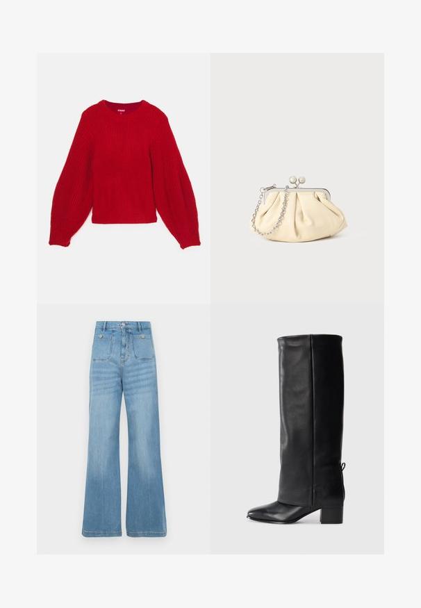 Pulover tricotat roșu cu o textură în relief, decolteu rotund și mâneci voluminoase de tip balon. Lungime scurtă cu tiv ajustat în relief.; Jeans din denim bleu deschis cu un design larg, având două buzunare frontale și două buzunare spate, finisate cu un tiv brut și închidere cu button.; Cizme din piele neagră până la genunchi, cu un finisaj neted, vârf pătrat, toc bloc și detalii cu șnur pe lateral pentru ajustarea potrivirii.; Clutch din piele plisată bej, cu un cadru din metal argintiu, având două închideri decorative rotunde și o curea din lanț argintiu.