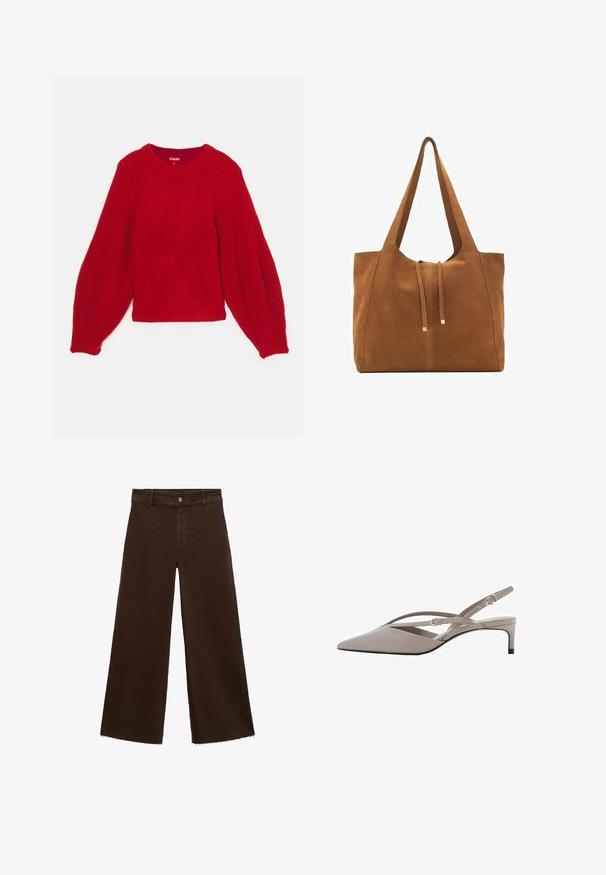 Maglione rosso lavorato a maglia con una texture a coste, collo rotondo e maniche a palloncino voluminose. Lunghezza corta con orlo a coste aderente.; Pantaloni larghi marroni in misto cotone, caratterizzati da orlo sfrangiato, chiusura frontale con bottone e classico design a cinque tasche. Minimalisti e versatili.; Tacchi slingback beige con punta affusolata, sottili cinturini incrociati e tacco a stiletto corto. Tessuto liscio con inserti in hardware dorato.; Borsa a tracolla in suede marrone con due lunghe cinghie, chiusura con cordoncino e design minimalista. Texture liscia e senza elementi hardware visibili.