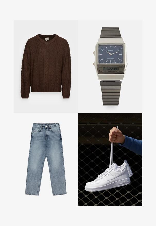 Maglione marrone a maglia con scollatura a V, motivo a treccia testurizzato e polsini e orlo a coste. Realizzato in materiale morbido e caldo.; Jeans in denim azzurro chiaro con taglio a gamba dritta, cuciture visibili, design a cinque tasche e chiusura a bottoni in vita.; Sneakers in pelle bianca con perforazioni, punta rotonda, suola piatta e lacci spessi, con logo swoosh visibile e "AIR" sul tallone.; Orologio digitale Casio con quadrante blu, cassa argentata e cinturino in gomma nera a strati. Mostra l'ora e le impostazioni dell'allarme. Resistente all'acqua.