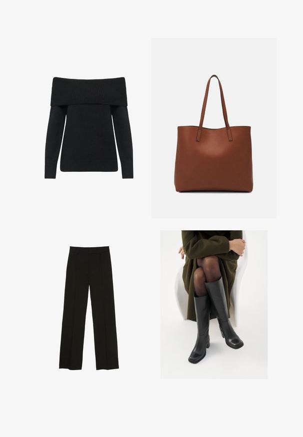 Zwarte off-the-shoulder trui met ribgebreide halslijn en manchetten, gemaakt van zacht breimateriaal, met lange mouwen en een relaxte pasvorm.; Zwarte wijde pantalon gemaakt van een soepele stof, met een aansluitende tailleband en subtiele plooien aan de voorkant voor extra textuur.; Knieschijf hoge zwarte leren laarzen met een vierkante neus en blokhak, getoond met een model dat zit in een olijfgroene jas. Gladde textuur, minimale details.; Bruine leren tote bag met een gladde textuur, een ontwerp met een open bovenkant en twee schouderbanden. Kenmerkt zich door minimale stiksels en geen zichtbare hardware.