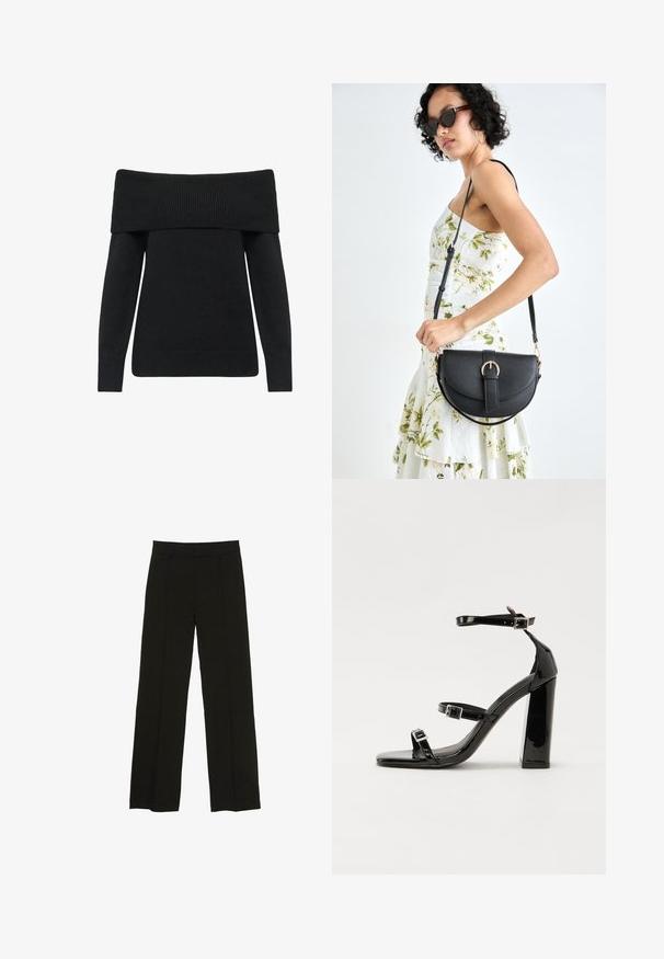Czarny sweter bez ramion z prążkowanym dekoltem i mankietami, wykonany z miękkiego materiału dzianinowego, z długimi rękawami i luźnym krojem.; Czarne spodnie szerokie na nogawkach wykonane z gładkiego materiału, z dopasowanym paskiem w talii i subtelnymi fałdami z przodu, które dodają tekstury.; Czarne lakierowane sandały na obcasie z kwadratowym noskiem, z paskami wokół kostki i srebrnymi klamrami. Posiadają masywny słupek dla stabilności.; Czarna skórzana torebka o zakrzywionym kształcie, z odpinanym paskiem i złotymi akcentami. Torebka posiada klapę z zapięciem w kształcie klamry.