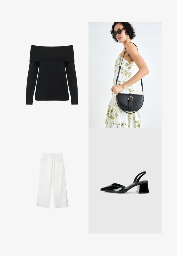 Pull noir à épaules nues avec un col et des poignets côtelés, fabriqué à partir d'un matériau tricoté doux, avec des manches longues et une coupe décontractée.; Pantalons larges blancs en tissu doux, dotés d'une taille à cordon de serrage et de deux poches avant. Texture lisse et sans motifs visibles.; Escarpins en cuir verni noir avec bout pointu et talon bloc géométrique. Présente un design élégant et minimaliste ainsi qu'une texture lisse.; Sac à main en cuir noir avec une forme courbée, bandoulière amovible et des accessoires en or. Le sac est doté d'un rabat avec un détail de boucle.