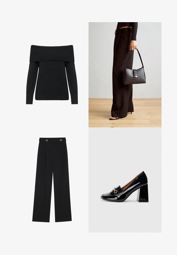 Zwarte off-the-shoulder trui met ribgebreide halslijn en manchetten, gemaakt van zacht breimateriaal, met lange mouwen en een relaxte pasvorm.; Zwarte wijde broek met hoge taille, knoopdetails op de tailleband en plooien aan de voorkant.; Zwarte lakleren hoge hak met een spitse neus en blokhak. Bevat een decoratieve band en gespdetail op de wreef.; Zwarte handtas met gestructureerde vorm, gladde textuur en een metalen sluiting. Gecombineerd met brede zwarte broeken en sandalen met open teen op een houten vloer.