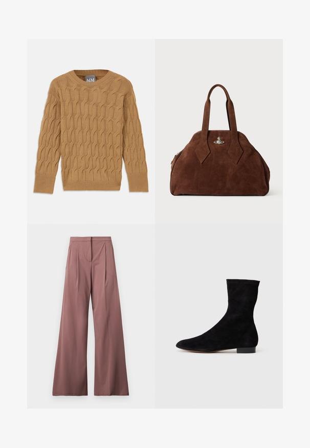 Barna kötött pulóver, amely kábelmintázattal, kerek nyakkivágással és hosszú ujjakkal rendelkezik. Bordázott mandzsetták és szegély, puha, texturált anyagból készült.; Széles lábú nadrág, tompa rózsaszín árnyalatban, sima anyagból készült, elülső pliszével és egy oldalsó zsebbel. Egyszerű, elegáns kialakítás.; Fekete velúr bokacsizma, illeszkedő szárral, hegyes orral és alacsony blokk sarokkal. Simább felület és minimalista dizájn, amely sokoldalú stílushoz megfelelő.; Barna velúr kézi táska, strukturált formával, kerek testtel és megnyújtott gyémánt alakú fogantyúkkal. Ezüst színű záródással rendelkezik.