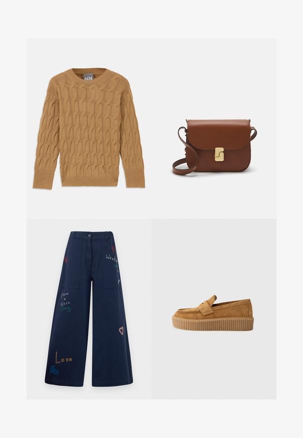Brauner Strickpullover mit einem Kabelmuster, Rundhalsausschnitt und langen Ärmeln. Mit gerippten Bündchen und Saum, aus einem weichen, strukturierten Stoff gefertigt.; Navyblaue weite Baumwollhosen mit mehreren Taschen. Enthält farbenfrohe gestickte Texte und Grafiken, darunter Herzen und verspielte Phrasen.; Brauner Wildleder-Loafer mit runder Zehenform, ausgestattet mit einer gerippten Plattformsohle und einem dekorativen Riemen über dem Obermaterial.; Braune Ledertasche mit Klappenverschluss, Beschlägen in Goldfarbe, einem Schultergurt und einer glatten Oberfläche. Kompakte rechteckige Form.