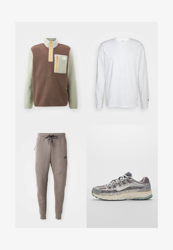 The North Face M YUMIORI 1/4 ZIP - Flisinis džemperis - smokey brown/clay grey/summit gold; Balta, ilga rankovė T-maiša, pagaminta iš medvilnės. Apvalios iškirptės dizainas su raukiniais ant rankovių ir nedidelis logotipas ant kairės rankovės. Glotni tekstūra.; Pilkos Nike kelnės su raišteliu liemenyje, siaurėjančiomis kojomis, šoninėmis kišenėmis ir išskirtiniais siūlų detalėmis. Minkšta, tekstūruota medžiaga.; Pilkas sportinis batas su tinklu ir zomšos viršutine dalimi, baltomis detalėmis, paminkštintu padu ir išskirtiniu dizainu su atspindinčiais elementais.