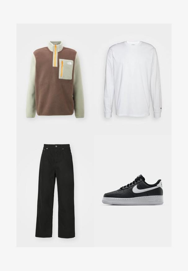 The North Face YUMIORI 1/4 ZIP - Fleecegenser - smokey brown/clay grey/summit gold; Hvit langermet T-skjorte laget av bomull. Rund hals-design med ribbestrikkede mansjetter og en liten logo på venstre erme. Glatt tekstur.; Svarte denim bukser med rett ben-design, som har fem lommer, en knappe-lukking og en klassisk midje. Glatt tekstur.; Svart lær sneakers med teksturert overflate, hvit Nike swoosh, grå såle, rund tå og snøredesign. Har perforeringer på tåboksen.