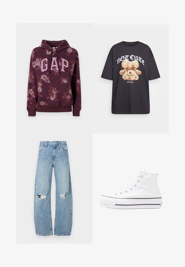Sweatshirt com capuz bordeaux com padrão floral, logótipo "GAP" em rosa claro, bolso tipo canguru, punhos e bainha canelados. Feito de tecido macio.; T-shirt oversized preto com uma gráfica de um urso e o texto "NÃO FOFO, MAS SELVAGEM" em letras brancas e em negrito. Material em algodão.; Jeans de lavagem clara, de cintura alta, feitos de denim. Apresentam pernas largas, duas áreas rasgadas nos joelhos e o estilo clássico de cinco bolsos.; Sapatilha alta de tela branca com sola de borracha preta, bico de borracha na frente e seis ilhós para os atacadores, apresentando um design limpo e minimalista.