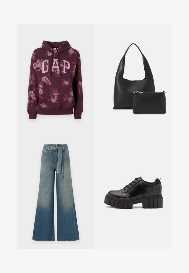 Felpa con cappuccio color bordeaux, con motivo floreale, logo "GAP" in rosa chiaro, tasca a marsupio, polsini e orlo a coste. Realizzata in tessuto morbido.; Pantaloni in denim a gamba larga con una sfumatura che va dal blu chiaro al blu scuro, vita alta, passanti per cintura e una cintura in tessuto coordinato. Finitura in denim strutturato.; Scarpe platform in pelle nera con tacco a blocco robusto, punta rotonda e design tradizionale con lacci. Presentano una superficie liscia e dettagli minimi.; Even&Odd Borsa a mano - black
