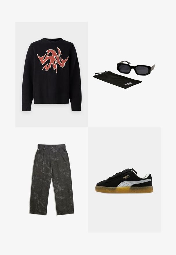 Črn pulover s krožnim ovratnikom, ki na sprednji strani vsebuje teksturiran, abstrakten rdeč in kremast vzorec. Rebrasti manšeti in spodnji rob.; Temno sivi jeans hlače s sproščenim krojem, ki imajo subtilne marmorirane vzorce in kovinske dodatke. Oblikovanje s petimi žepi.; Črne semiš teniske z belim stranskim pasom in zlatim logotipom. Imajo gumijast podplat z teksturiranim vzorcem. Niti so črne in ravne.; Črne sončna očala z oglatimi, prenagljenimi okviri in temnimi lečami, vključno s črnim mikrovlakenim etuijem z logotipom.