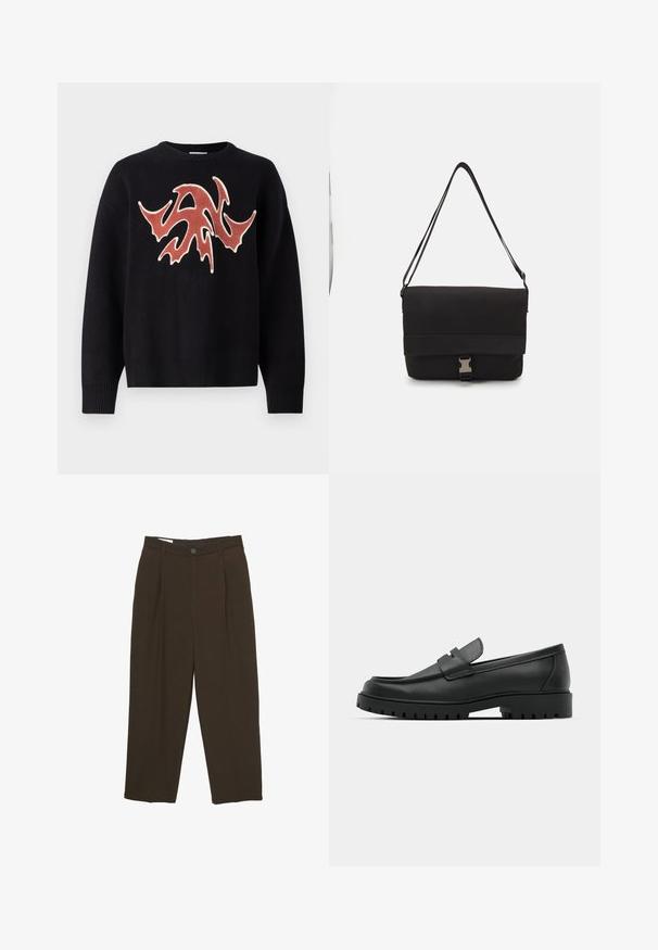 Schwarzer Pullover mit Rundhalsausschnitt, der ein strukturiertes, abstraktes Design in Rot und Creme auf der Vorderseite zeigt. Rippbündchen an Ärmeln und Saum.; Dunkelbraune maßgeschneiderte Hosen mit vorderen Falten, Gürtelschlaufen und einem Knopfverschluss an der Taille.; Schwarze Lederloafer mit runder Zehenform, ausgestattet mit einem gesteppten Design, niedrigem Plattformsohle und einer strukturierten, genoppten Gummisohle.; Schwarze Umhängetasche aus glattem Material, mit einem umklappbaren Deckel, silbernem Verschluss und verstellbarem Schultergurt.