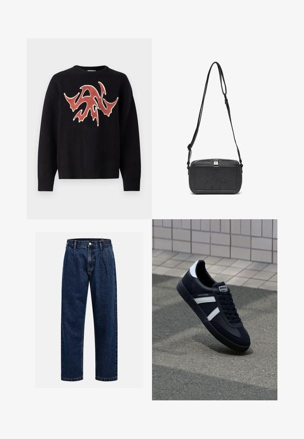 Čierny sveter s okrúhlym výstrihom, na prednej strane s textúrovaným, abstraktným dizajnom v červenej a smotanovej farbe. Žebrované manžety a lem.; Tmavo modré džínsy s rovnými nohavicami. Obsahujú viditeľné švy, zapínanie na gombík a predné skladanie pre zvýraznenie detailov.; Čierne kožené tenisky s bielymi pruhmi, textúrovanou gumovou podrážkou a šnurovaním vpredu. Obsahujú označenie značky na jazyku.; Čierna kožená crossbody taška so zipsom, s embosovaným logom na prednej strane a nastaviteľným popruhom. Hladká textura a obdlžníkový tvar.
