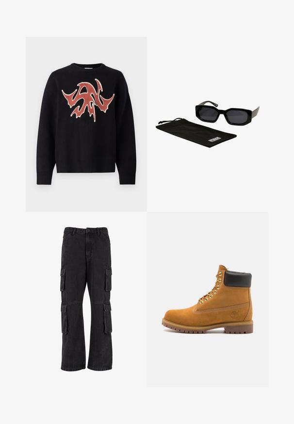 Suéter negro con cuello redondo que presenta un diseño texturizado y abstracto en rojo y crema en la parte frontal. Puños y dobladillo acanalados.; Pantalones cargo negros de mezclilla, con un corte holgado, múltiples bolsillos laterales y detalles de costura. La textura está ligeramente descolorida.; Botín de ante marrón claro con collar acolchado negro, ojales de metal dorado, detalles de costura blanca y suela de goma resistente con tacos pronunciados.; Gafas de sol negras con montura angular y de gran tamaño, y lentes oscuros, acompañadas de una funda de microfibra negra con un logo.