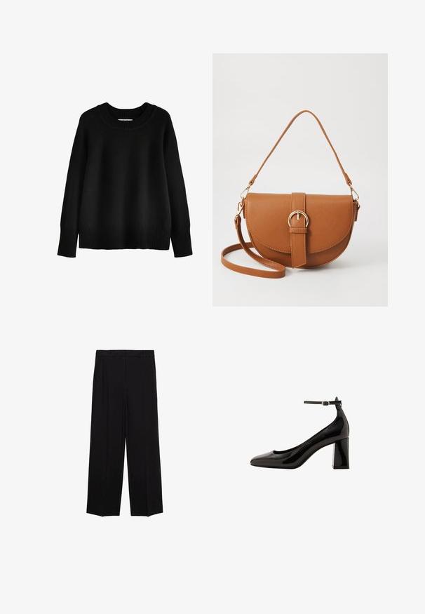 Next CREW NECK - Pulover - black; Črne široke hlače iz gladkega materiala, z gubami spredaj in stranskimi žepi, zasnovane v ravnem, sproščenem kroju.; Črne lakaste čevlje z ankel trakom, sijajne površine, s koničastim nosom in debelim blok peto. Gladka tekstura, minimalni detajli.; Rjava usnjena torbica prek telesa s ukrivljeno obliko, zlate opreme in sponko. Ima odstranljiv naramni trak.