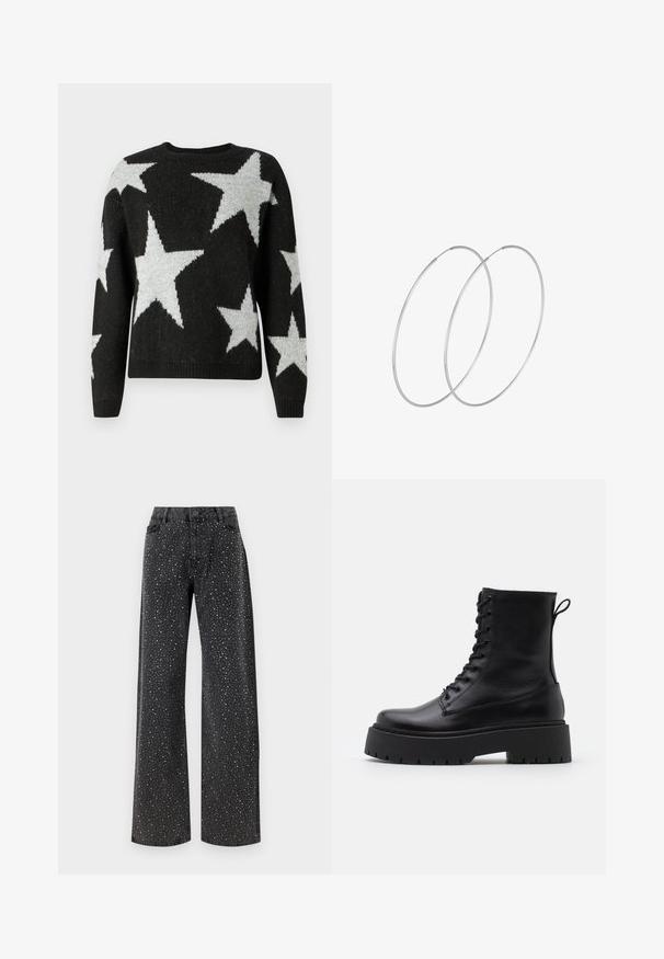 ONLY ONLJESSICA STAR - Jumper - black; Noisy May NMJANNEL LOOSE - Relaxed fit jeans - black denim; Black leather ankle boots with a round toe, lace-up front, and a thick rubber sole featuring a textured tread. Pull tab at the back.; Silver hoop earrings with a minimalist design. Circular shape, smooth texture, and thin profile. Lightweight with a polished finish.