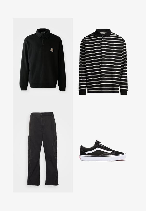 Černá polo košile s dlouhými rukávy, třemi knoflíky a malou čtvercovou nášivkou loga Carhartt na levé části hrudi na bílém pozadí.; Pánská polo košile s dlouhým rukávem vyrobená z černé látky s bílými horizontálními pruhy, vybavená límcem a zapínáním na tři knoflíky.; Černé cargo kalhoty se rovnými nohavicemi, obsahující dvě boční kapsy, zapínání na knoflík a strukturovanou tkaninu.; Černé plátěné tenisky s bílými akcenty, s kulatou špičkou, šněrovacím designem a gumovou podrážkou. Viditelné logo na boku a detaily prošívání.