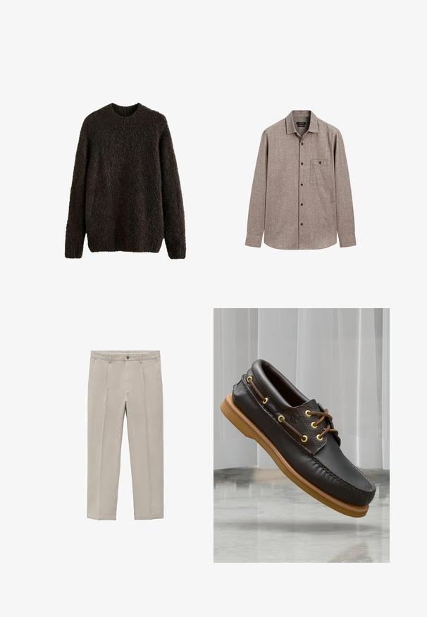 Gebreide pullover trui in donkerbruin, met een gestructureerde oppervlakte, lange mouwen en een ronde hals. Zacht, dik materiaal.; Bruine, knoopsluiting overhemd gemaakt van textuurstof; heeft een kraag en een enkele borstzak met zwarte knopen. Lange mouwen.; Lichtbeige broeken van een katoenmix, met een rechte pijpdesign, voorplooien, een knoopsluiting en zijzakken.; Bruine leren botenschoenen met een zacht ontwerp, gele oogjes, bruine veters en een tan rubberen zool; beschikt over ingewikkelde stikdetails.