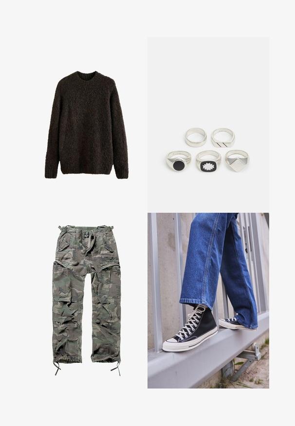 Maglione lavorato a maglia di colore marrone scuro, caratterizzato da una superficie testurizzata, maniche lunghe e collo rotondo. Materiale morbido e spesso.; Pantaloni cargo mimetici in verde e grigio, con numerose tasche, vita elasticizzata, polsini regolabili e una vestibilità rilassata.; Scarpe da ginnastica nere alte con suola e lacci bianchi, abbinate a jeans di denim blu larghi, appoggiate su un parapetto grigio.; Cinque anelli d'argento: uno con un dettaglio circolare nero, uno con un motivo geometrico bianco e nero, e altri con diverse forme e finiture.