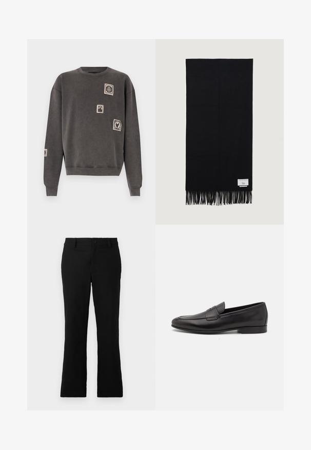 Sudadera gris de mezcla de algodón, con cuello redondo, mangas largas y apliques decorativos de sellos postales bordados.; Pantalones de campana negros hechos de una mezcla de algodón, con cierre de botón, trabillas para el cinturón y una textura suave sin patrones visibles.; Mocasín negro de cuero para hombres con un tacón bajo y un diseño clásico de cinta para monedas, mostrado en perfil lateral sobre un fondo blanco.; Bufanda negra hecha de tela suave, con largos flecos en los extremos y una pequeña etiqueta de la marca en un costado.