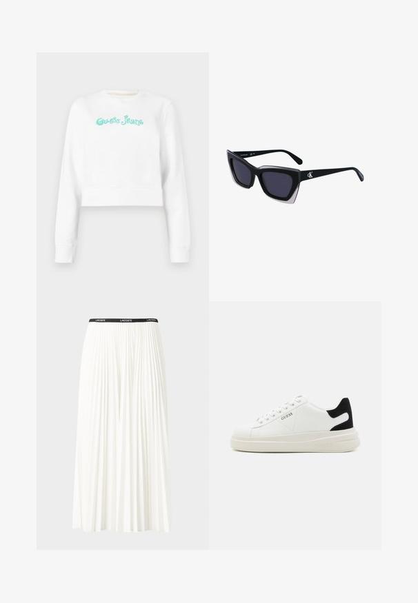 Sweatshirt branca cropped com gola alta, apresentando texto em turquesa "Guess Jeans" em uma fonte estilizada. Tecido macio com punhos canelados.; Saia plissada branca com uma cintura elástica preta que apresenta o logótipo "LACOSTE". Design de comprimento médio com textura suave.; Sapatilhas brancas de couro com uma sola branca espessa, detalhe em camurça preta no calcanhar e logótipo em relevo na lateral. Design com atacadores e seis ilhós.; Óculos de sol oversized pretos com forma geométrica, apresentando lentes escuras e um detalhe cinza em contraste na armação. Logotipo na haste.